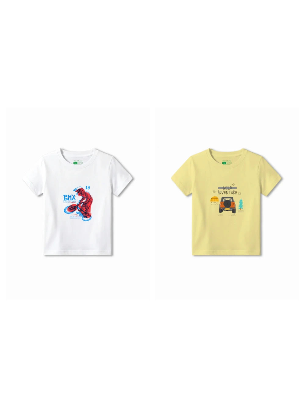 Bambify Kids T-Shirt Set BMX Racing & Wild Adventure White & Yellow 5-6 Years bamboo cotton kids clothing India