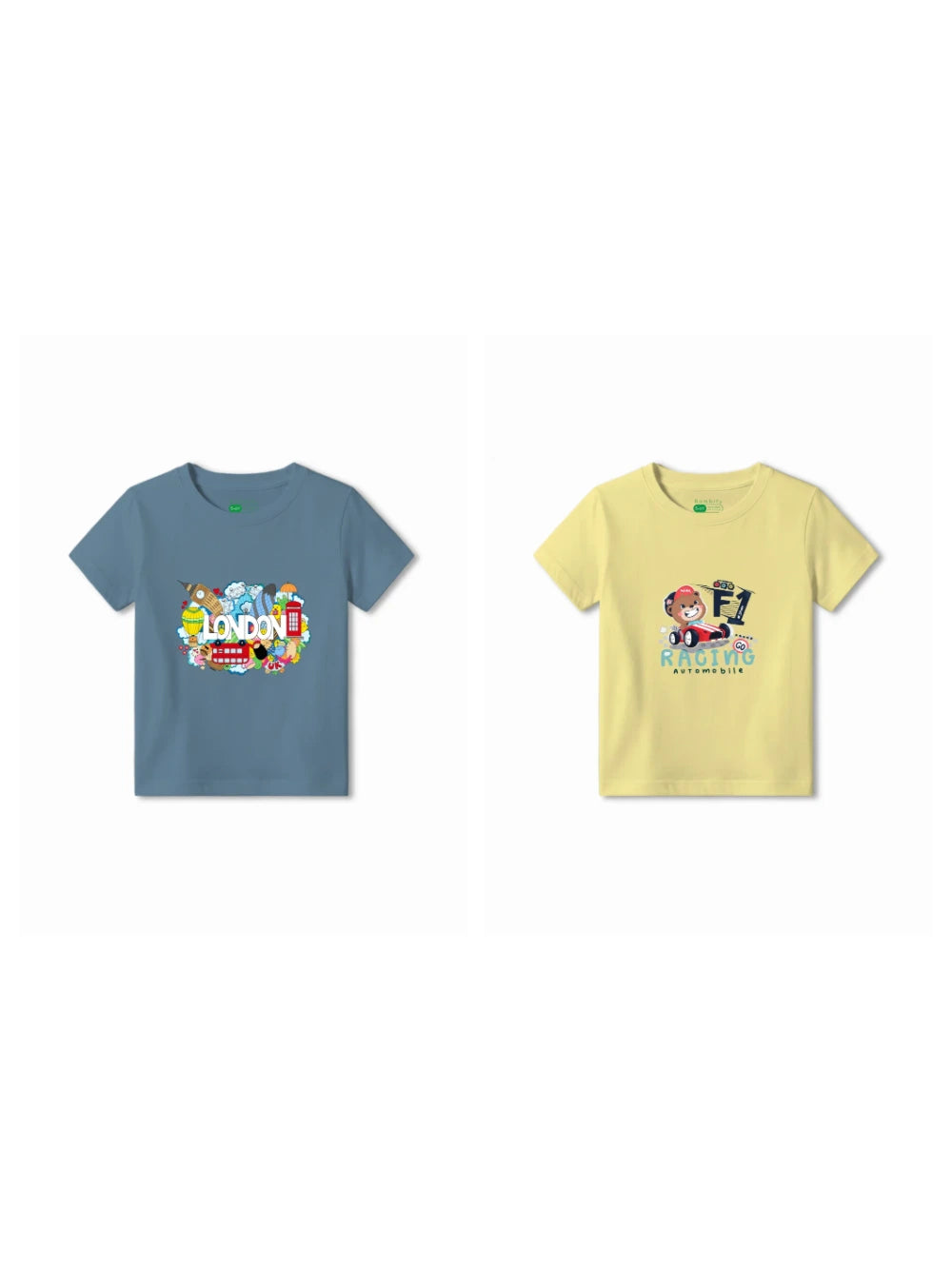 Bambify Kids T-Shirt Set London & F1 Racing Dusty Blue & Yellow 3-4 Years bamboo cotton kids clothing India