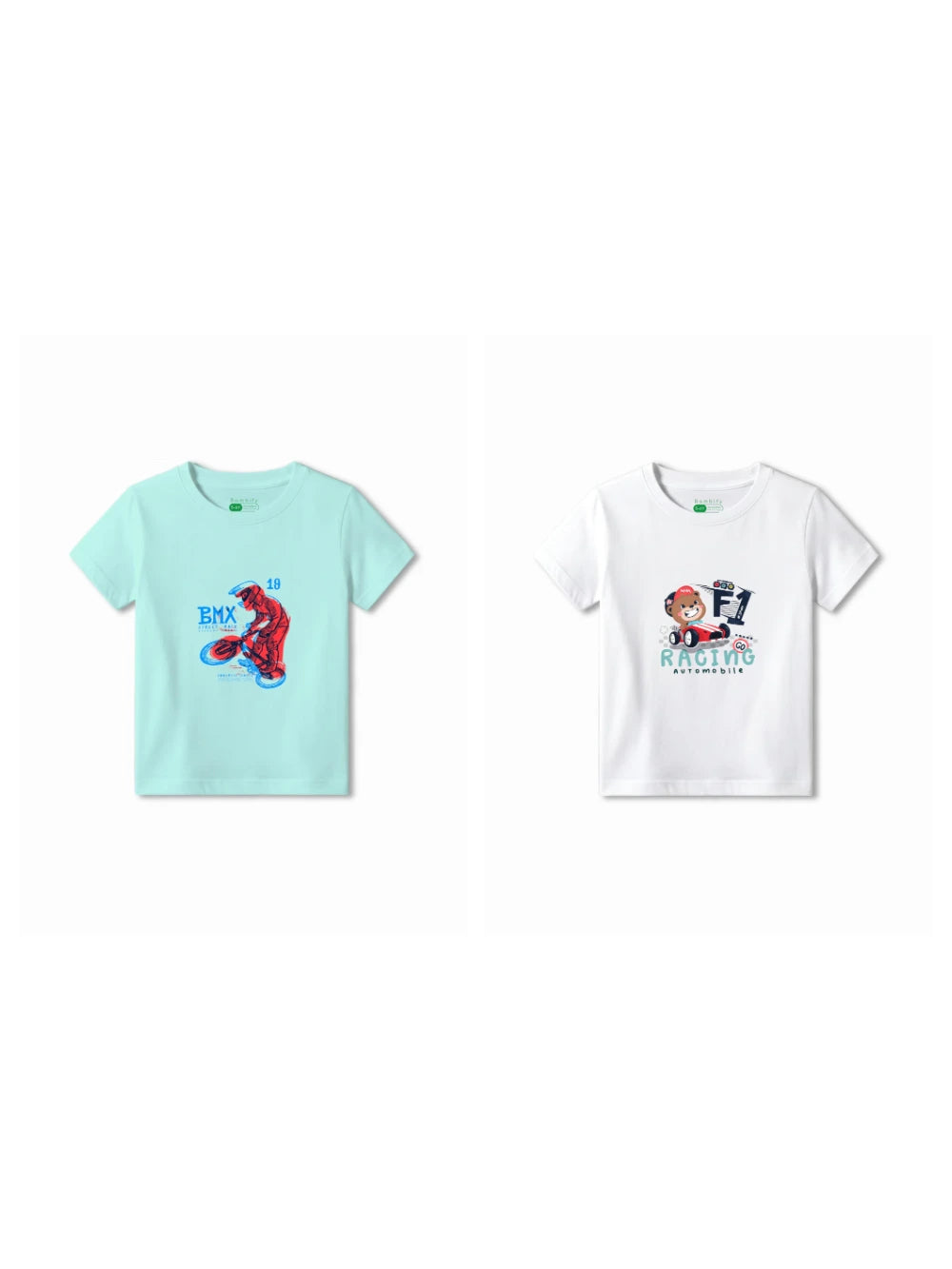 Bambify Kids T-Shirt Set F1 Racing & BMX Racing White & Light Blue 9-10 Years bamboo cotton kids clothing India