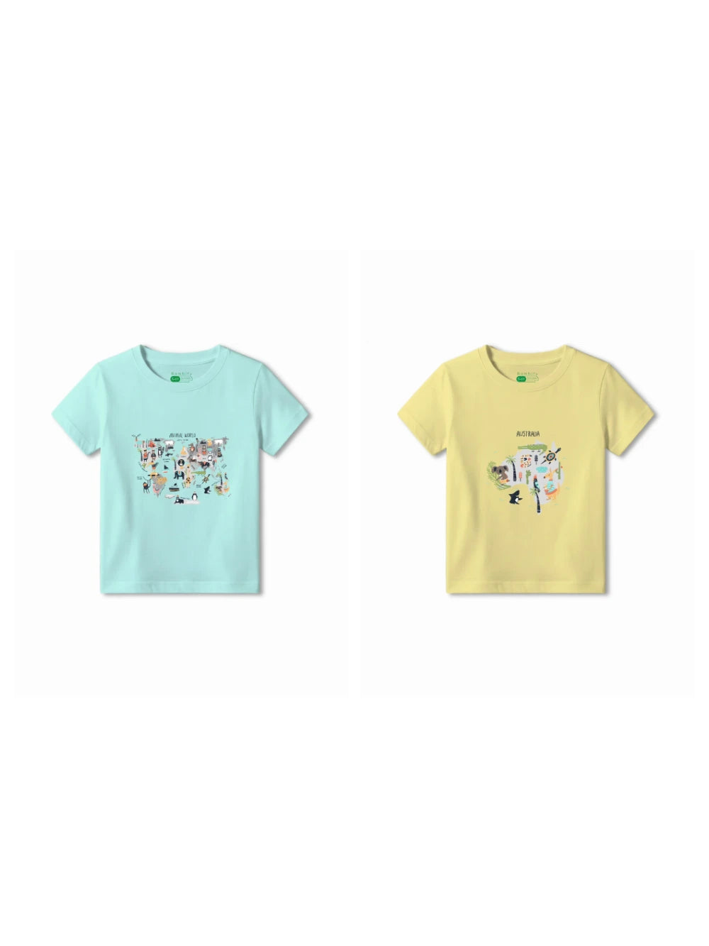 Bambify Kids T-Shirt Set Australia & Animal World Yellow & Light Blue 3-4 Years bamboo cotton kids clothing India