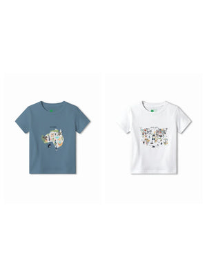 Bambify Kids T-Shirt Set Australia & Animal World Dusty Blue & White 5-6 Years bamboo cotton kids clothing India