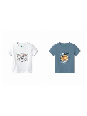 Bambify Kids T-Shirt Set Animal World & The Lion White & Dusty Blue 7-8 Years bamboo cotton kids clothing India