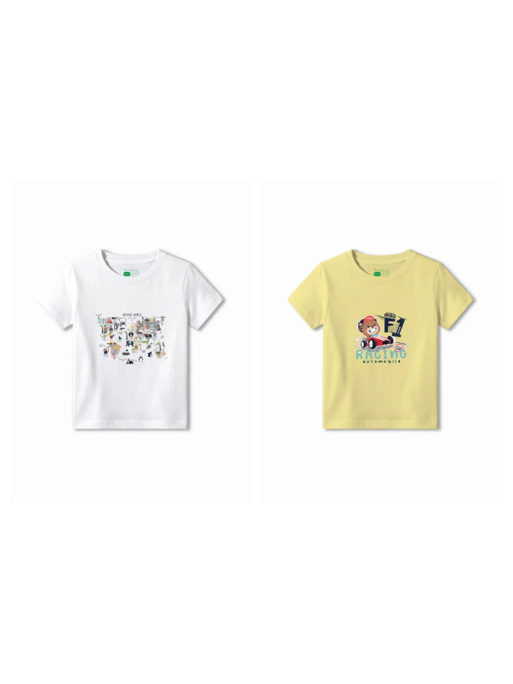 Bambify Kids T-Shirt Set Animal World & F1 Racing White & Yellow 9-10 Years bamboo cotton kids clothing India