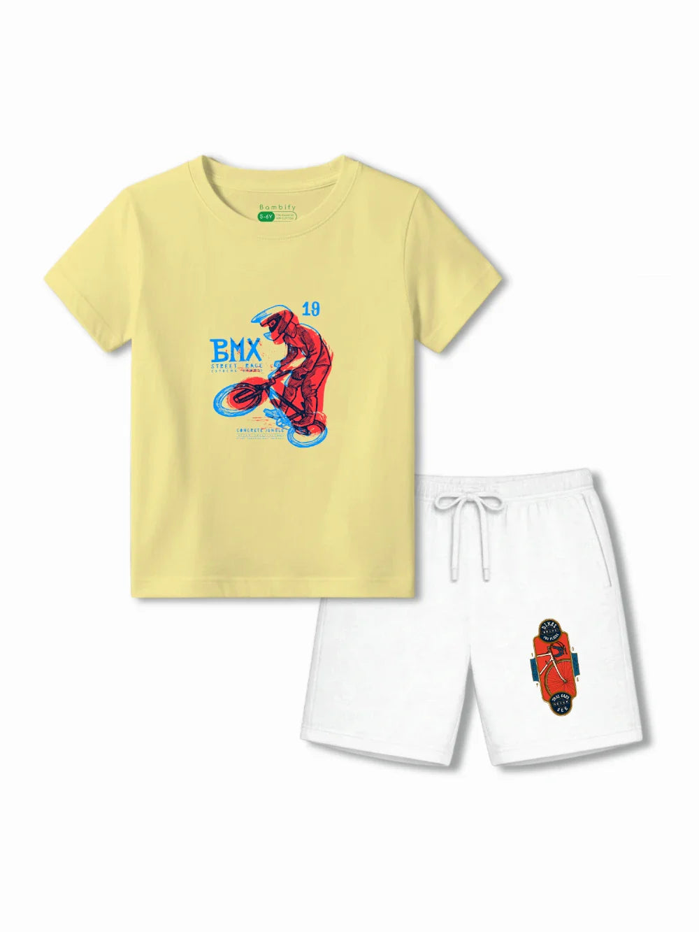 BMX Racing Yellow & White Kids Tshirt & Shorts Set Size 3-4 Bamboo Cotton ‚ Bambify India
