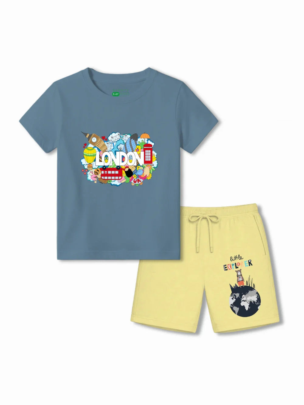 London Dusty Blue & Yellow Kids Tshirt Set Size 3-4 Bamboo Cotton ‚ Bambify India