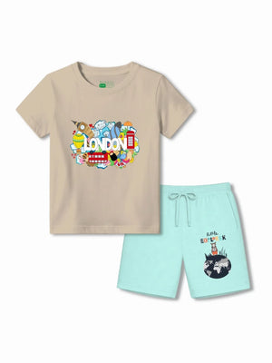 Bambify Best Kids Tshirt Set All Day Wear ‚ London Beige & Light Blue Bamboo Cotton Bambify India Beige 5-6 Years bamboo cotton kids clothing India