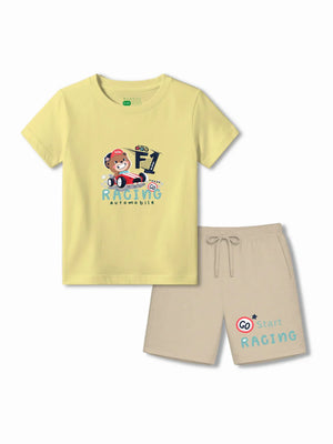 F1 Racing Yellow & Beige Kids Tshirt Set Size 3-4 Bamboo Cotton ‚ Bambify India