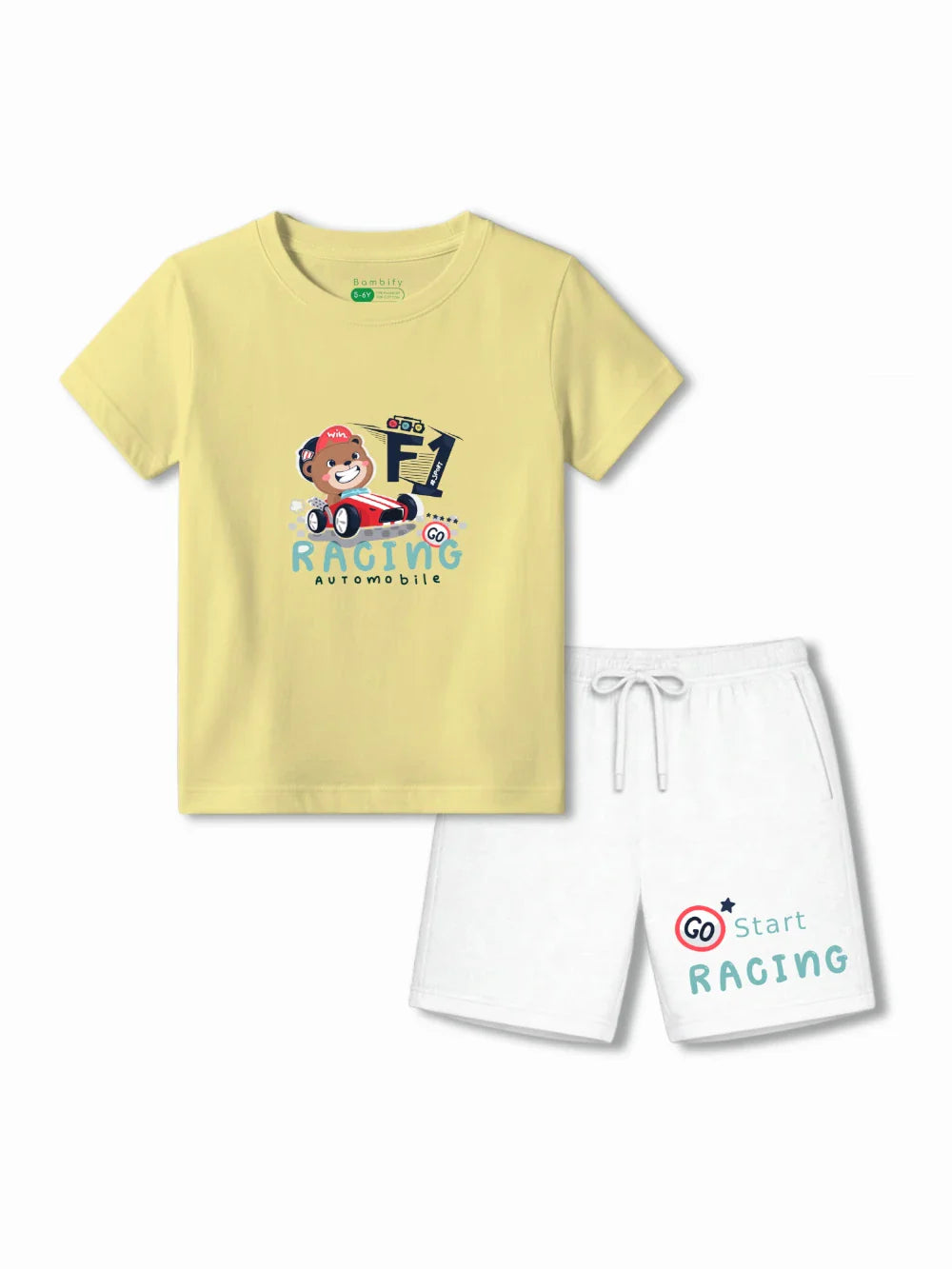 F1 Racing Yellow & White Kids Tshirt Set Size 3-4 Bamboo Cotton ‚ Bambify India