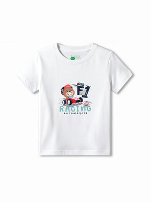 F1 Racing White & Beige Kids Tshirt Set Size 5-6 Bamboo Cotton ‚ Bambify India