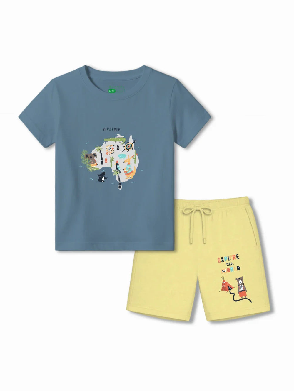 Australia Dusty Blue & Yellow Kids Shorts Set Size 3-4 Bamboo Cotton ‚ Bambify India