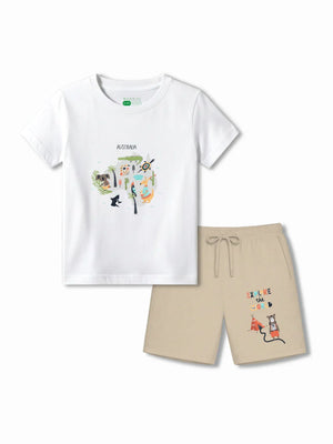 Australia White & Beige Kids Shorts Set Size 3-4 Bamboo Cotton ‚ Bambify India