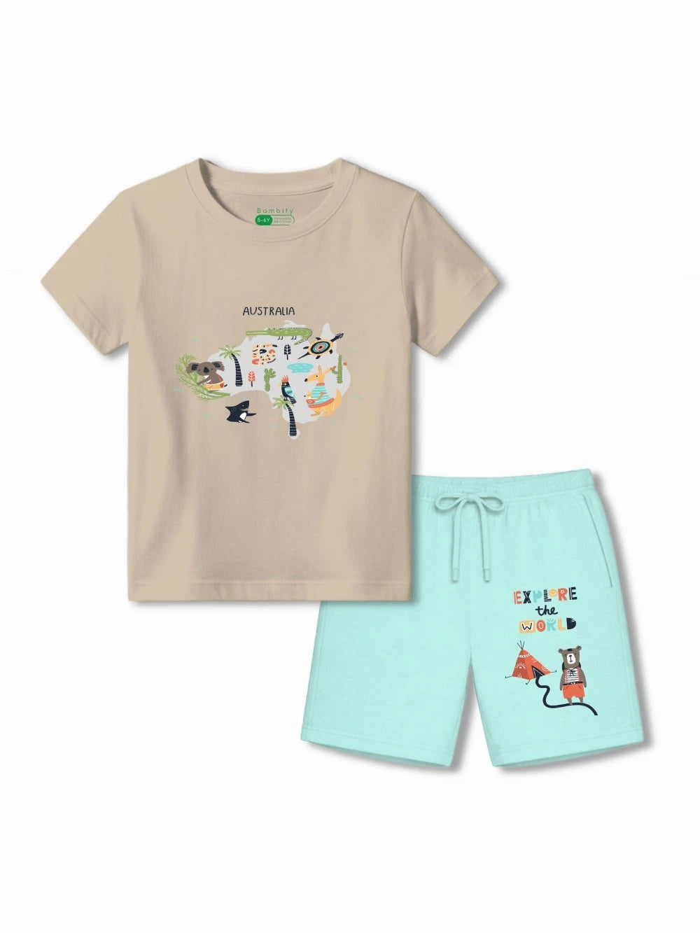 AZO Free Safe Kids Shorts Set – Australia Beige & Light Blue Bamboo Cotton | Bambify India