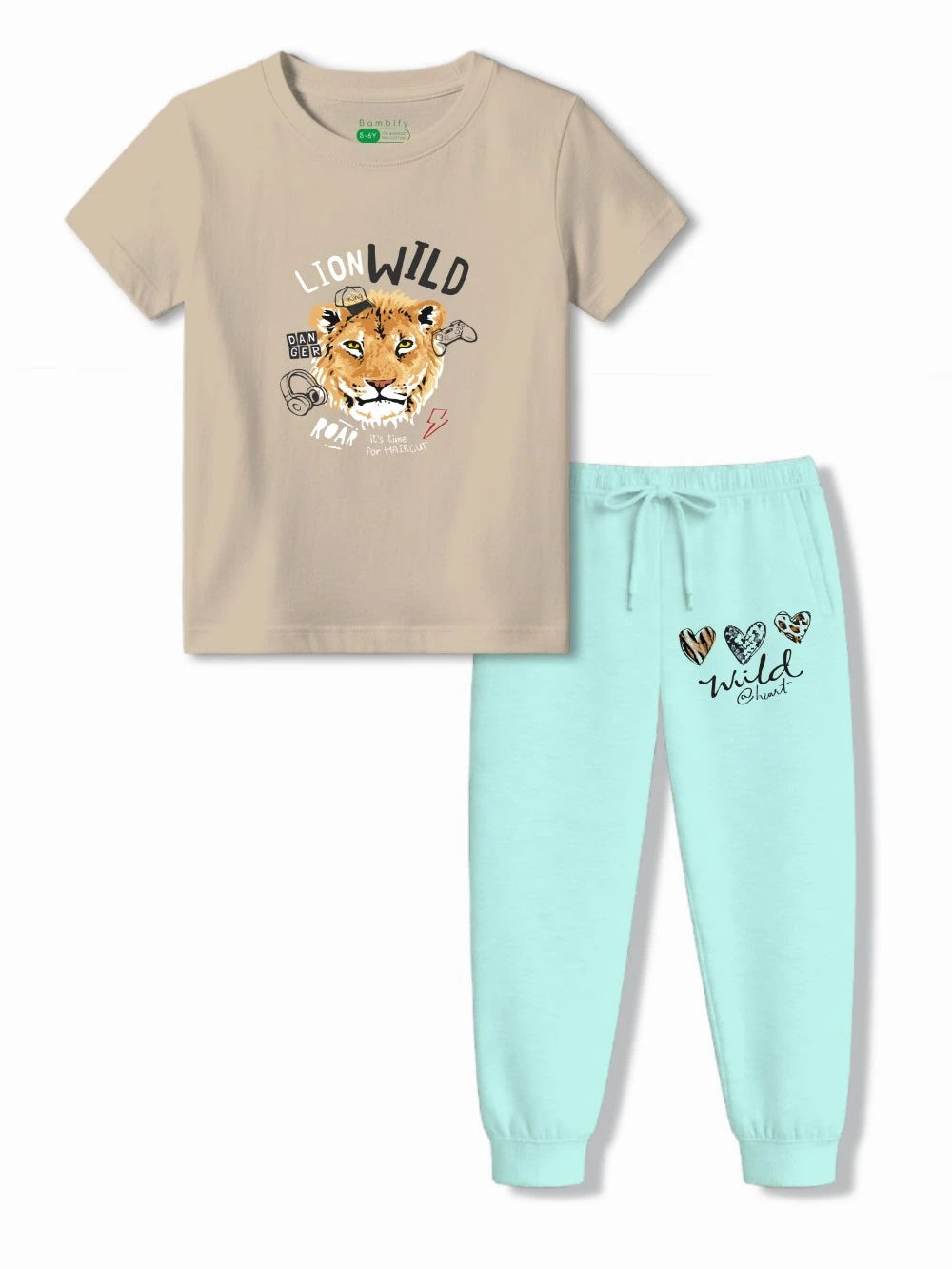 Bambify Premium Soft Bamboo Cotton Blend Kids Tracks Set ‚ The Lion Beige & Light Blue Bambify India Beige 3-4 Years bamboo cotton kids clothing India