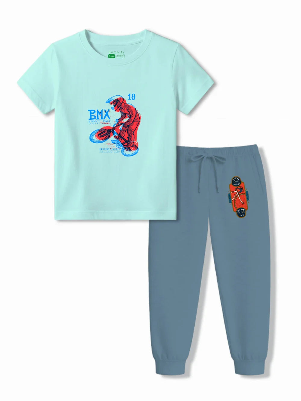 BMX Racing Light Blue & Dusty Blue Kids T-Shirt & Tracks Set Size 3-4 Years ‚ Bambify India