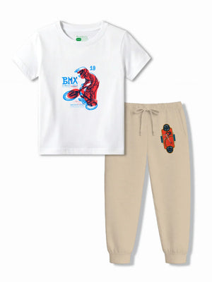 BMX Racing White & Beige Kids T-Shirt & Tracks Set Size 3-4 Years ‚ Bambify India