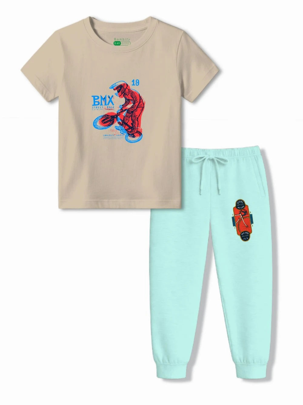 Bambify Quick Dry Active Wear Kids T-Shirt & Tracks Set ‚ BMX Racing Beige & Light Blue Bambify India Beige 3-4 Years bamboo cotton kids clothing India