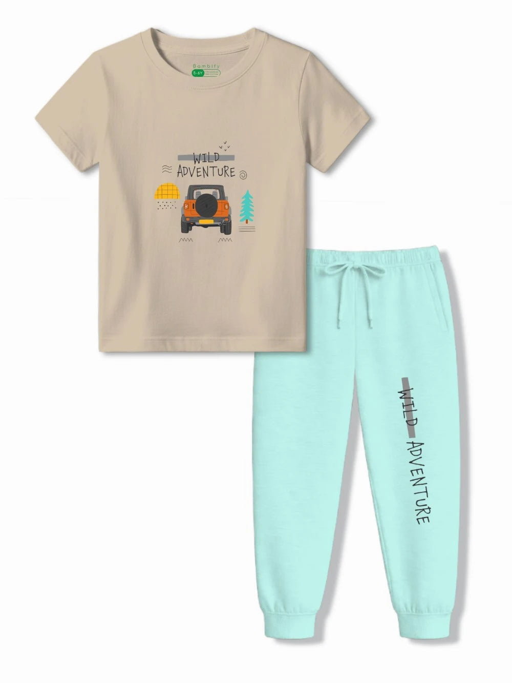 Bambify Best Play Time Kids T-Shirt & Tracks Set ‚ Wild Adventure Beige & Light Blue Bambify India Beige 3-4 Years bamboo cotton kids clothing India