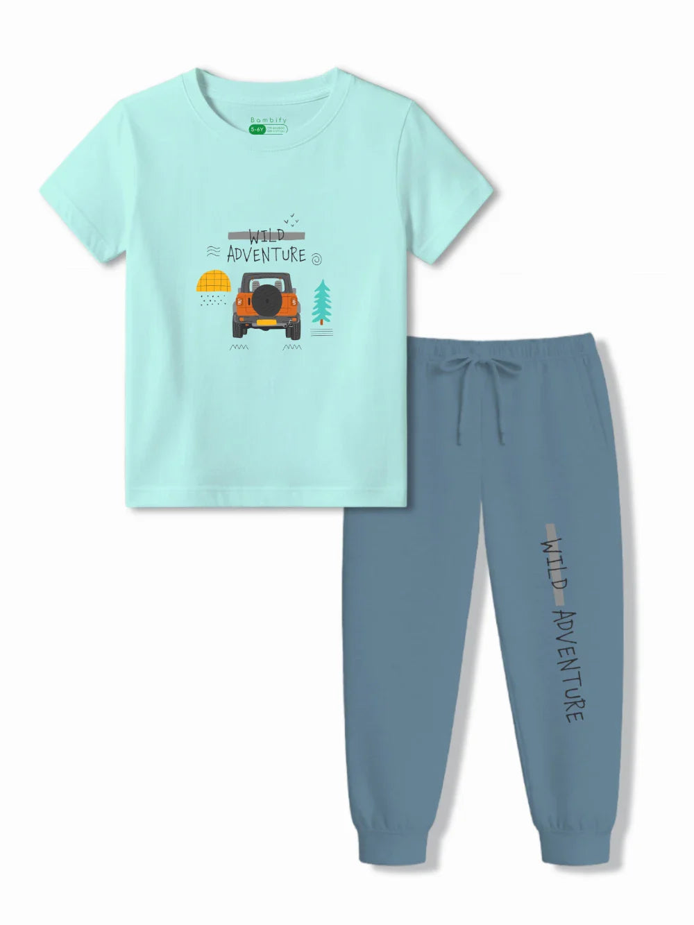 Wild Adventure Light Blue & Dusty Blue Kids T-Shirt & Tracks Set Size 3-4 Years ‚ Bambify India