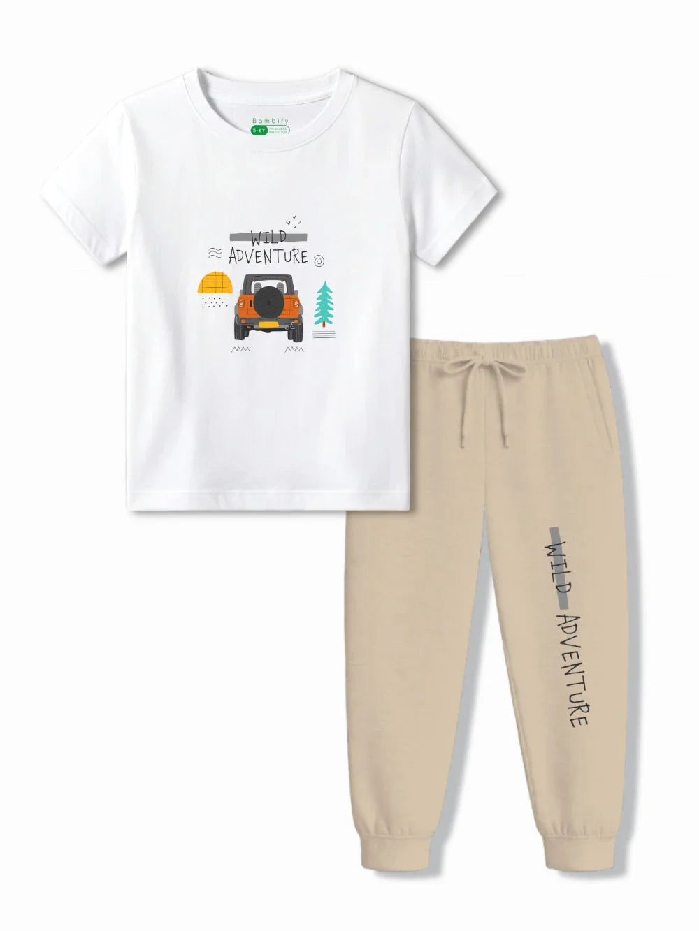 Wild Adventure White & Beige Kids T-Shirt & Tracks Set Size 3-4 Years ‚ Bambify India