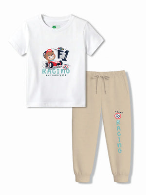 F1 Racing White & Beige Kids Joggers Set Size 3-4 Years ‚ Bambify India