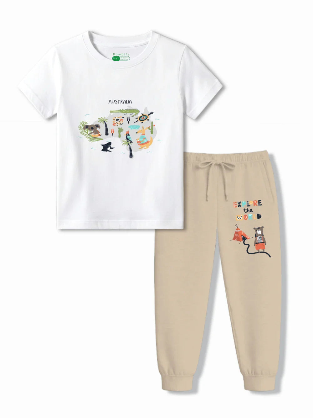 Australia White & Beige Kids T-Shirt & Joggers Set Size 3-4 Years ‚ Bambify India