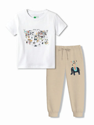 Animal World White & Beige Kids T-Shirt & Joggers Set Size 3-4 Years ‚ Bambify India