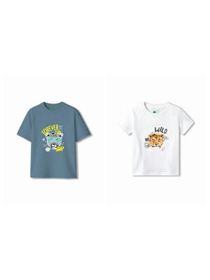 Bambify Kids T-Shirt Set The Lion & Cheetah Fun White & Dusty Blue 11-12 Years bamboo cotton kids clothing India
