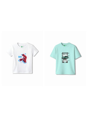 Bambify Kids T-Shirt Set BMX Racing & Super Fast White & Light Blue 7-8 Years bamboo cotton kids clothing India