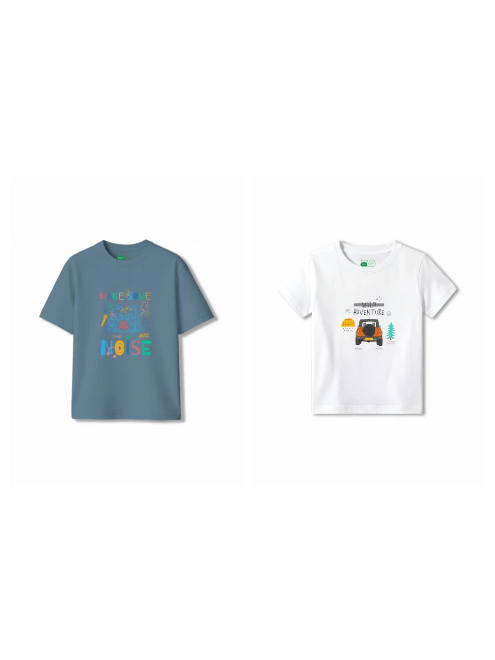 Bambify Kids T-Shirt Set Wild Adventure & Noise White & Dusty Blue 5-6 Years bamboo cotton kids clothing India