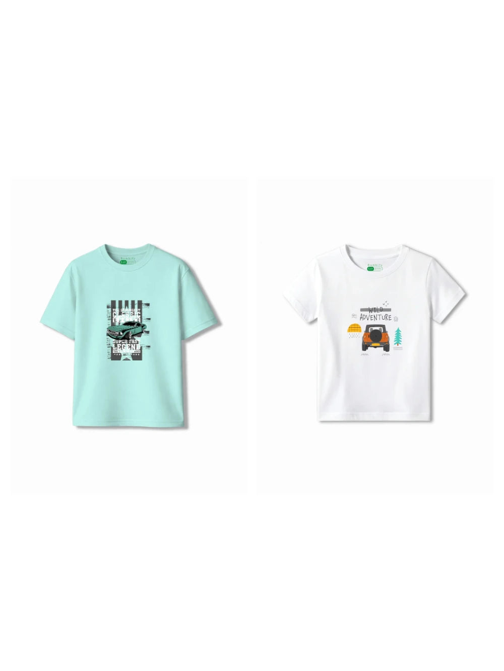 Bambify Kids T-Shirt Set Wild Adventure & Super Fast White & Light Blue 7-8 Years bamboo cotton kids clothing India