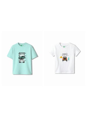 Bambify Kids T-Shirt Set Wild Adventure & Super Fast White & Light Blue 7-8 Years bamboo cotton kids clothing India