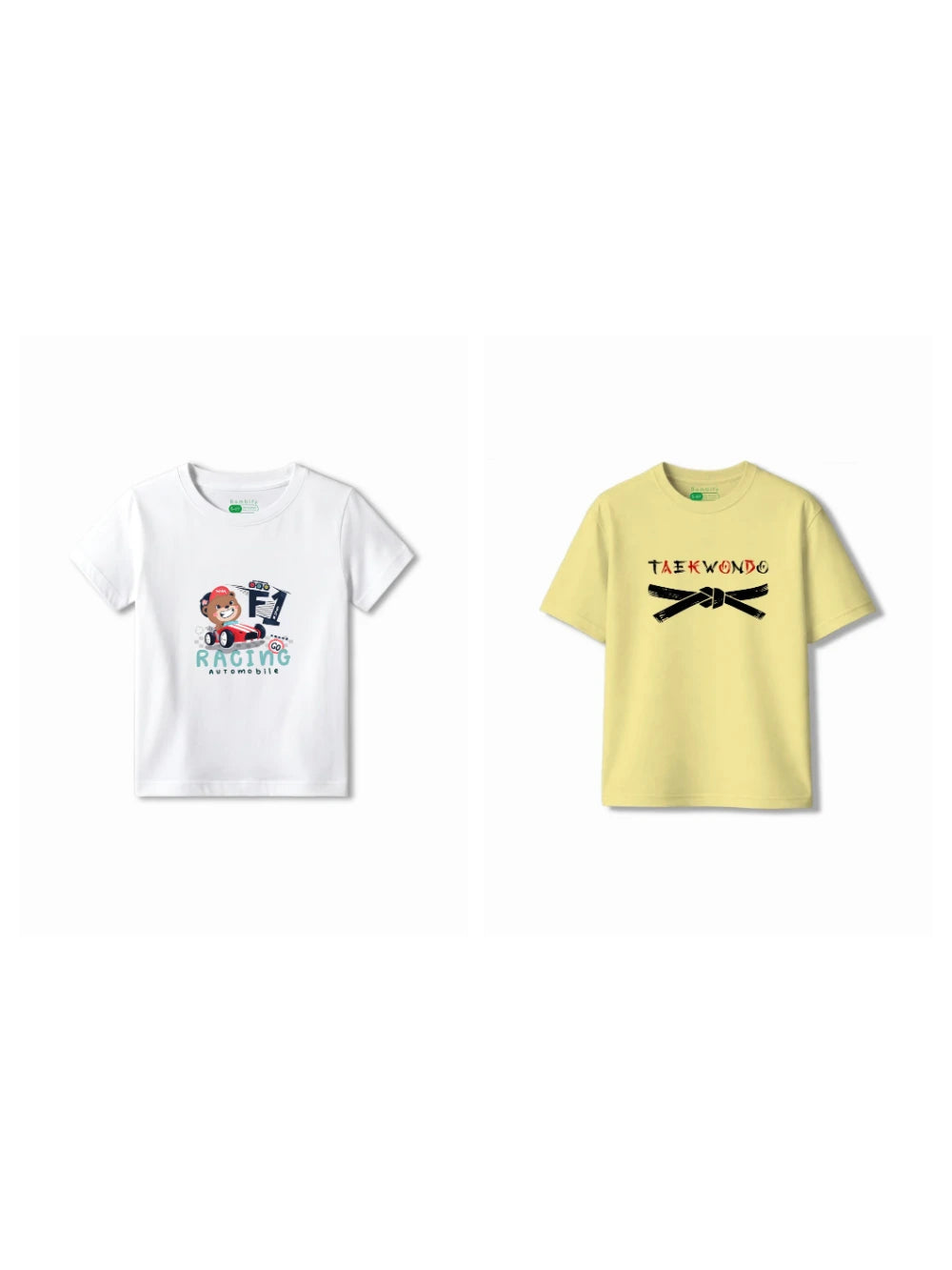 Bambify Kids T-Shirt Set F1 Racing & Taekwondo White & Yellow 5-6 Years bamboo cotton kids clothing India
