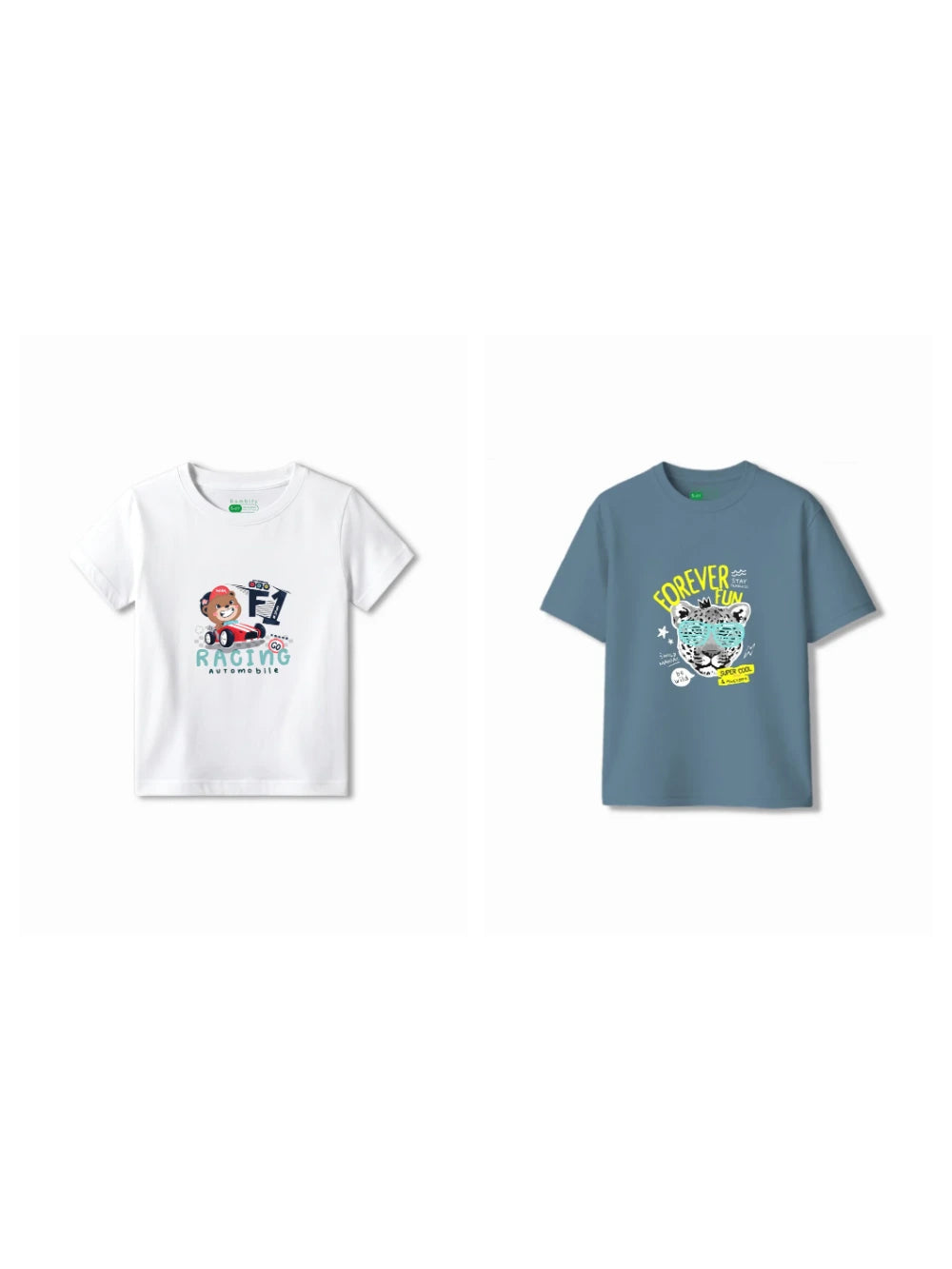 Bambify Kids T-Shirt Set F1 Racing & Cheetah Fun White & Dusty Blue 5-6 Years bamboo cotton kids clothing India