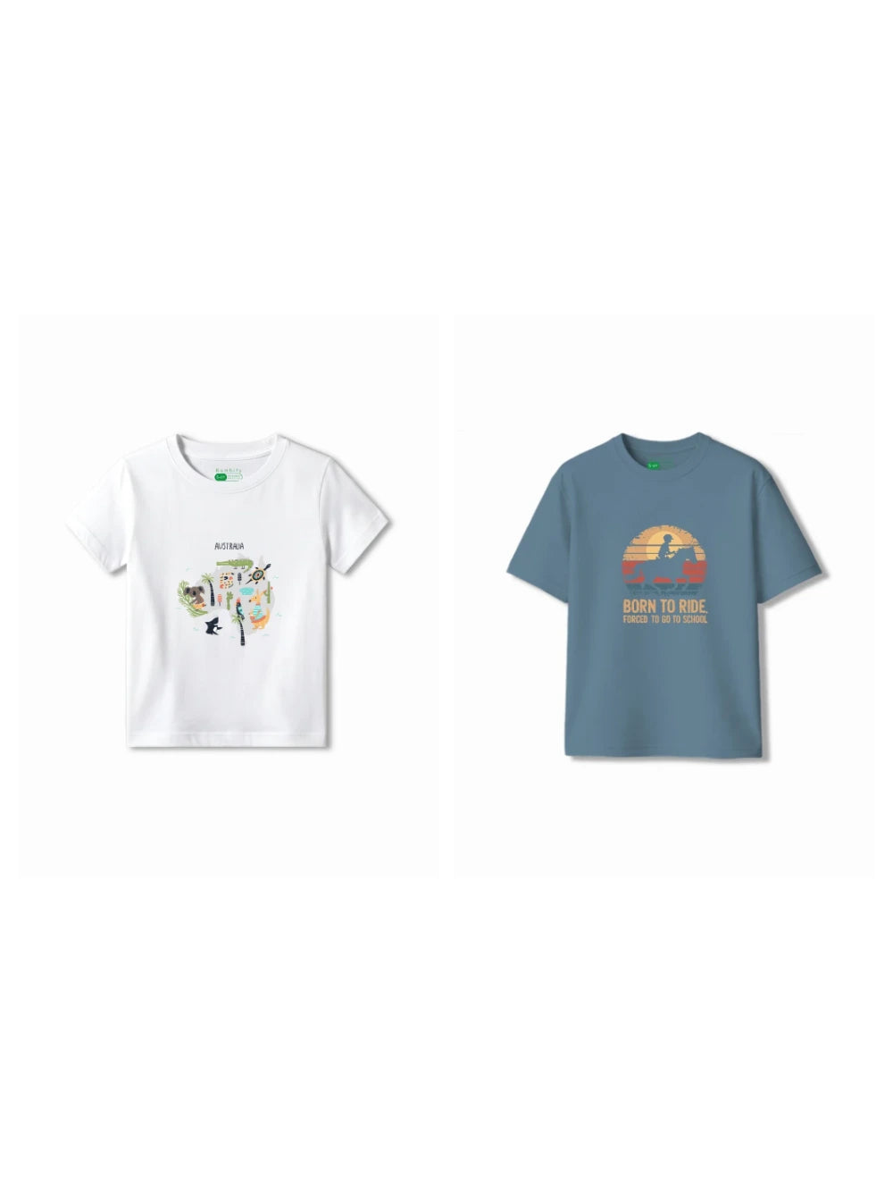 Bambify Kids T-Shirt Set Australia & Born to Ride White & Dusty Blue 11-12 Years bamboo cotton kids clothing India