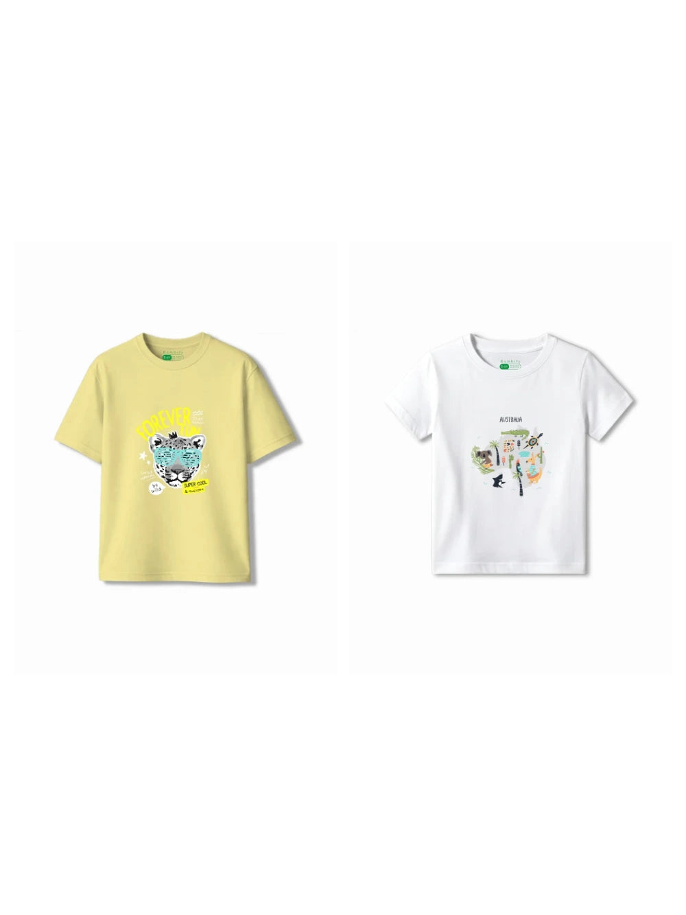 Bambify Kids T-Shirt Set Australia & Cheetah Fun White & Yellow 7-8 Years bamboo cotton kids clothing India