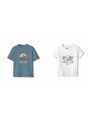 Bambify Kids T-Shirt Set Animal World & Born to Ride White & Dusty Blue 5-6 Years bamboo cotton kids clothing India