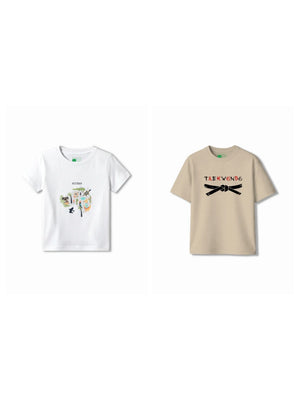 Bambify Kids T-Shirt Set Animal World & Taekwondo White & Beige 5-6 Years bamboo cotton kids clothing India