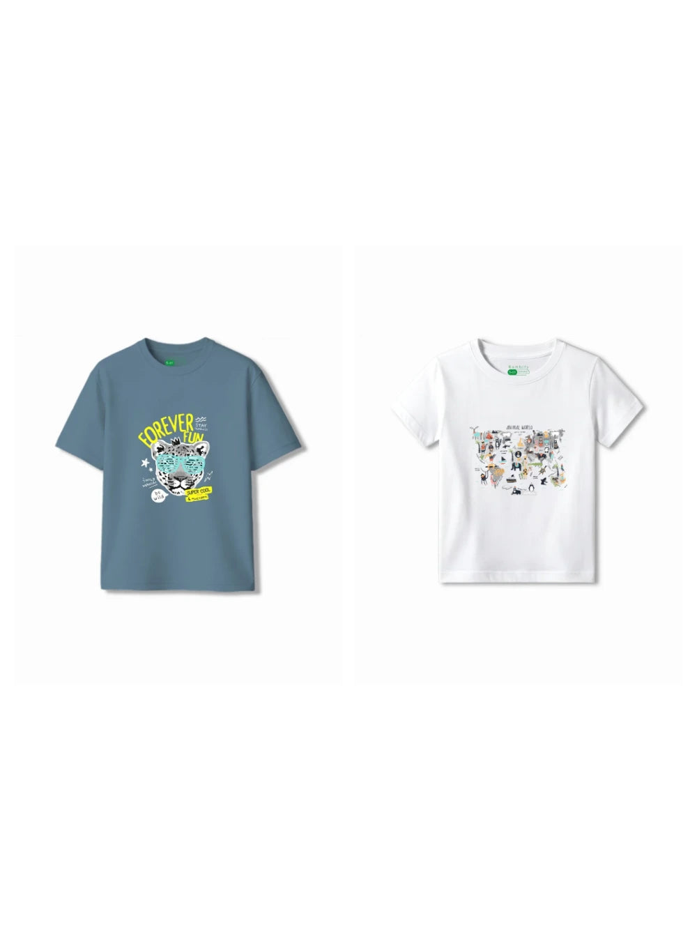 Bambify Kids T-Shirt Set Animal World & Cheetah Fun White & Dusty Blue 7-8 Years bamboo cotton kids clothing India