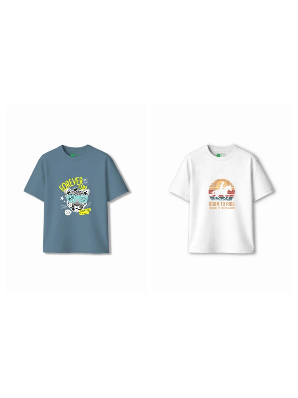 Bambify Kids T-Shirt Set Born to Ride & Cheetah Fun White & Dusty Blue 7-8 Years bamboo cotton kids clothing India