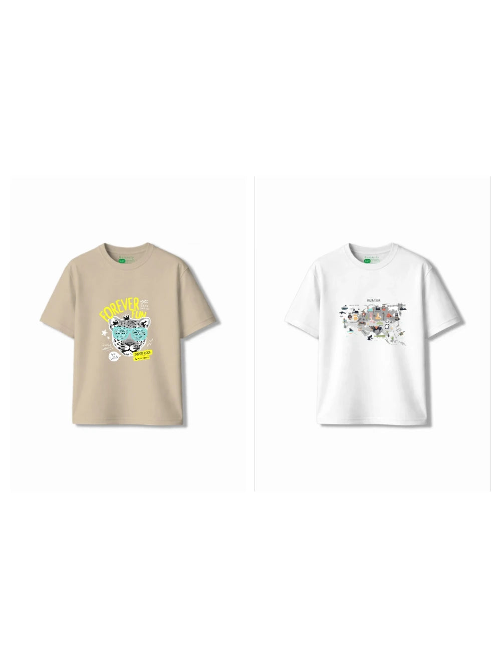 Bambify Kids T-Shirt Set Eurasia & Cheetah Fun White & Beige 7-8 Years bamboo cotton kids clothing India