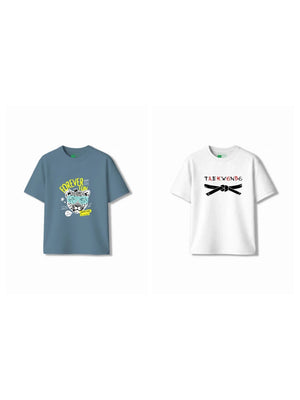 Bambify Kids T-Shirt Set Taekwondo & Cheetah Fun White & Dusty Blue 9-10 Years bamboo cotton kids clothing India
