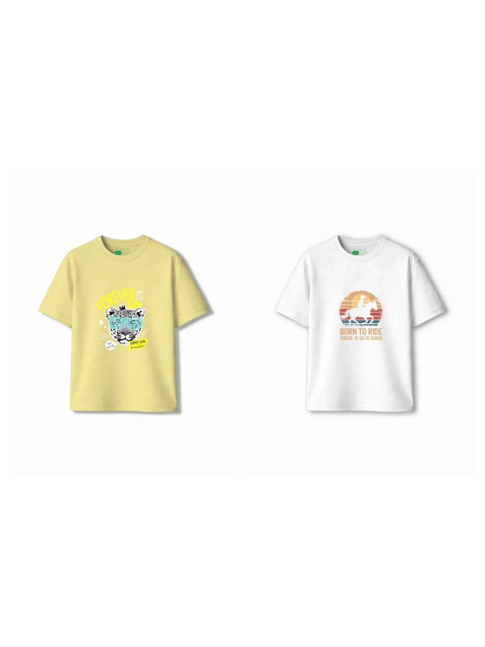 Bambify Kids T-Shirt Set Cheetah Fun & Born to Ride Yellow & White 11-12 Years bamboo cotton kids clothing India