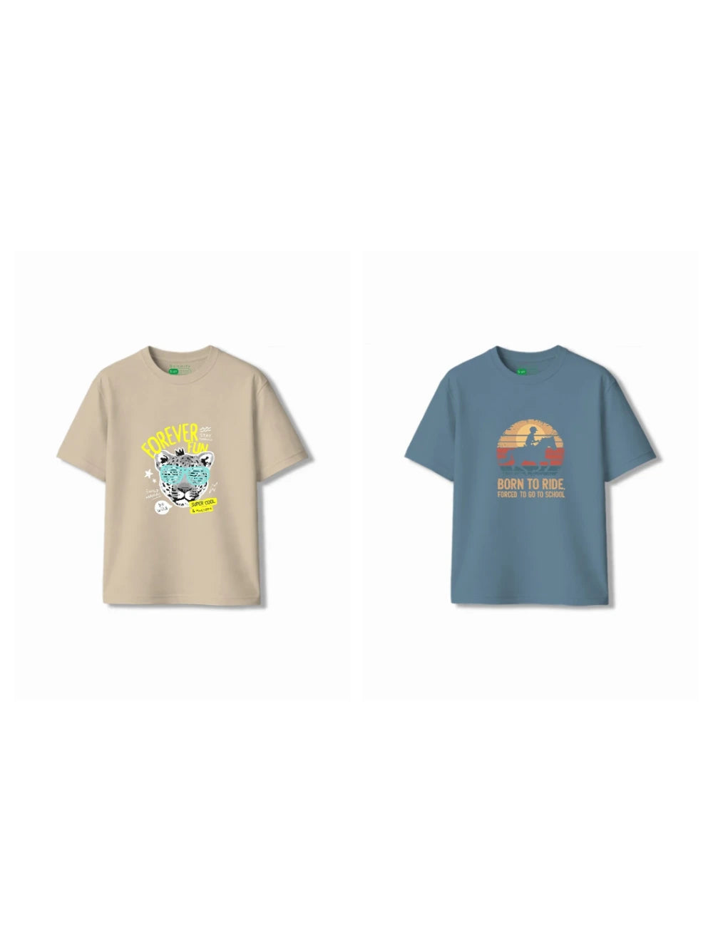 Bambify Kids T-Shirt Set Cheetah Fun & Born to Ride Beige & Dusty Blue 3-4 Years bamboo cotton kids clothing India