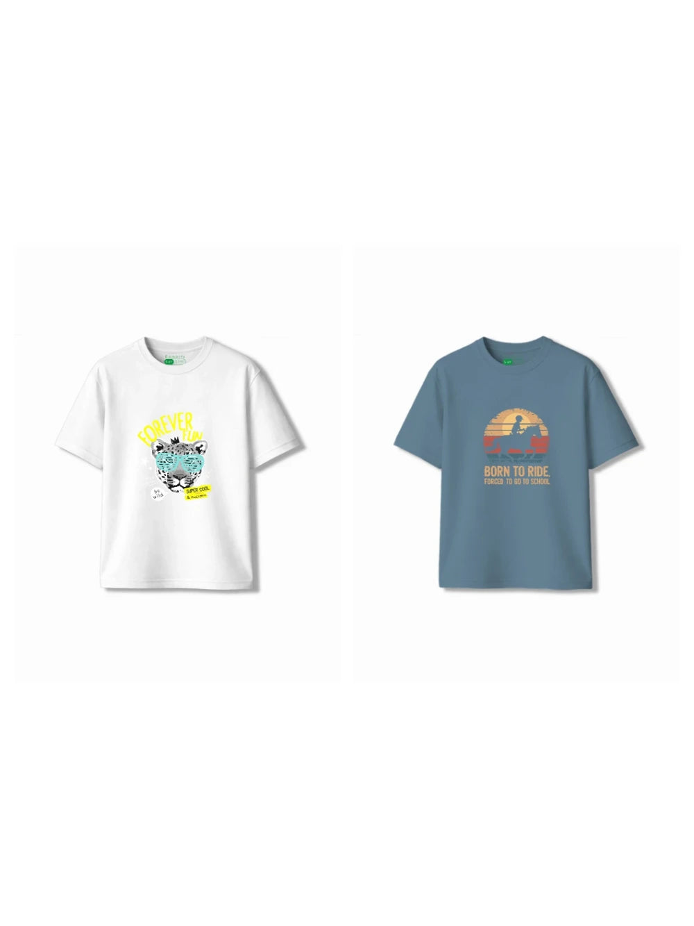 Bambify Kids T-Shirt Set Cheetah Fun & Born to Ride White & Dusty Blue 3-4 Years bamboo cotton kids clothing India