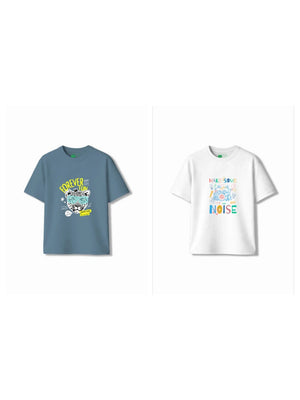 Bambify Kids T-Shirt Set Cheetah Fun & Noise Dusty Blue & White 11-12 Years bamboo cotton kids clothing India