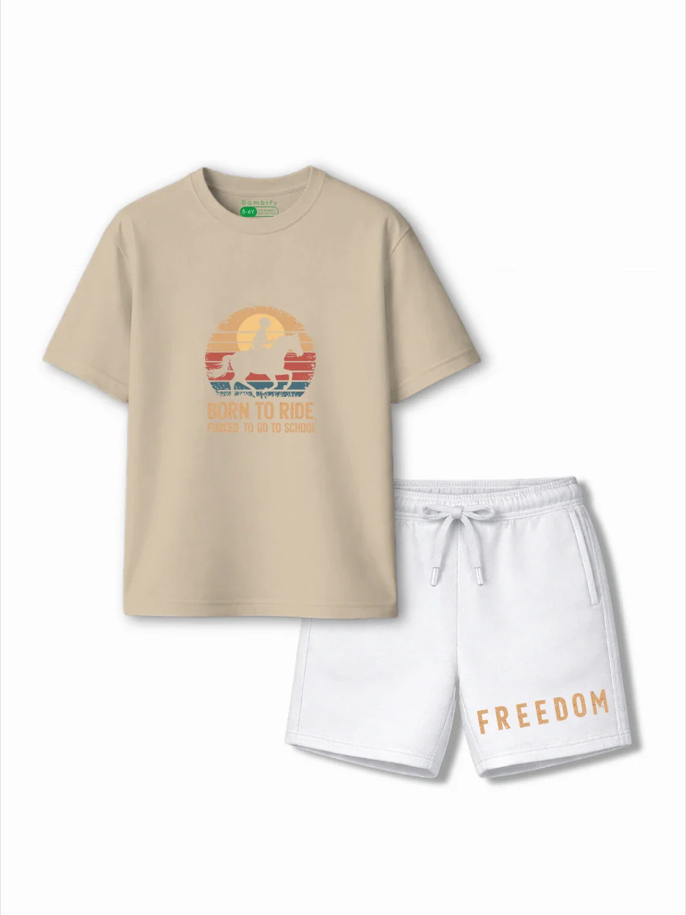 Born to Ride Beige & White Low Shoulder Shorts Set Size 3-4 Years Bamboo Cotton ‚ Bambify India