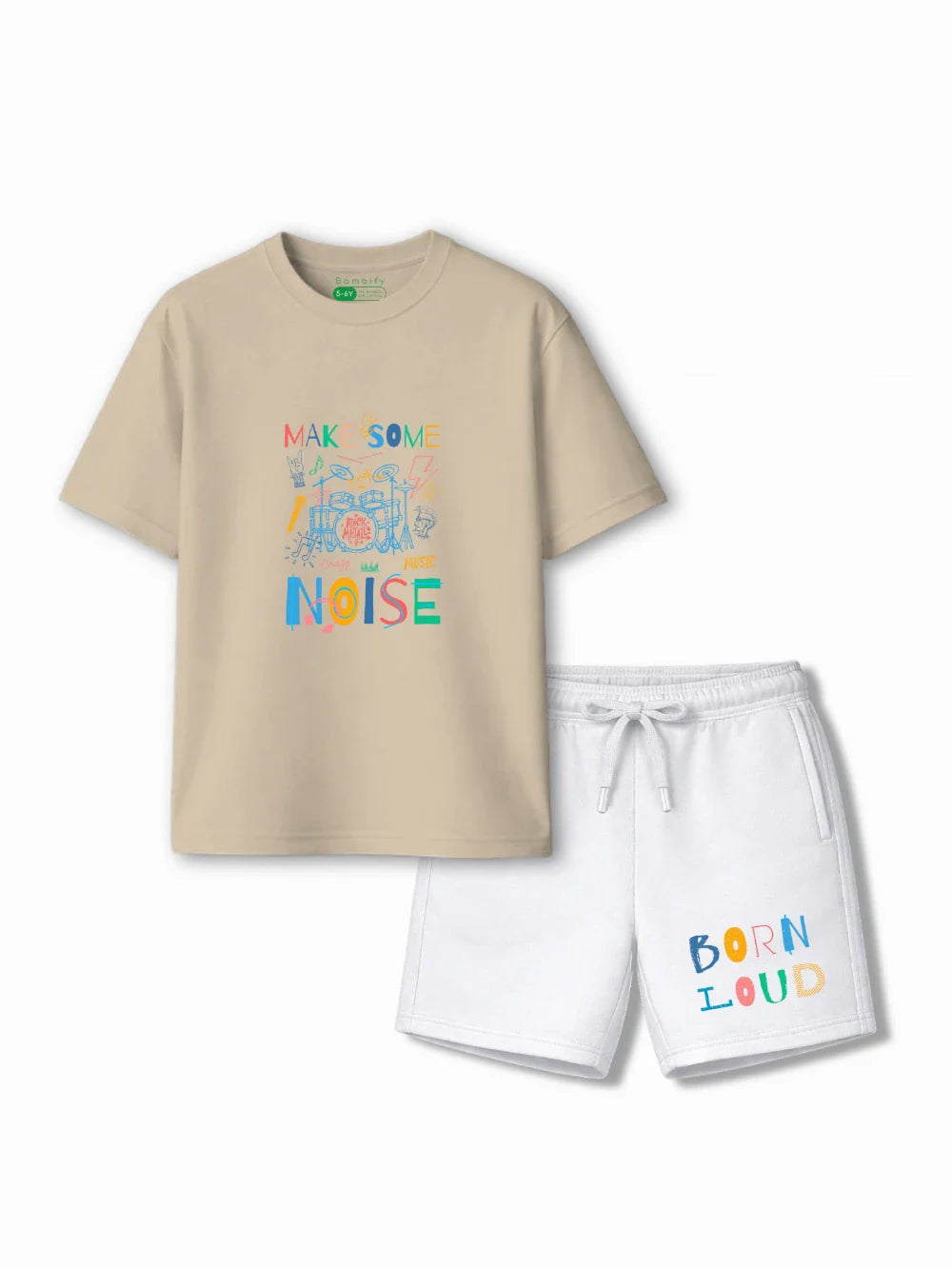 Noise Beige & White Drop Shoulder Shorts Set Size 3-4 Years Bamboo Cotton ‚ Bambify India