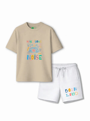 Noise Beige & White Drop Shoulder Shorts Set Size 3-4 Years Bamboo Cotton ‚ Bambify India
