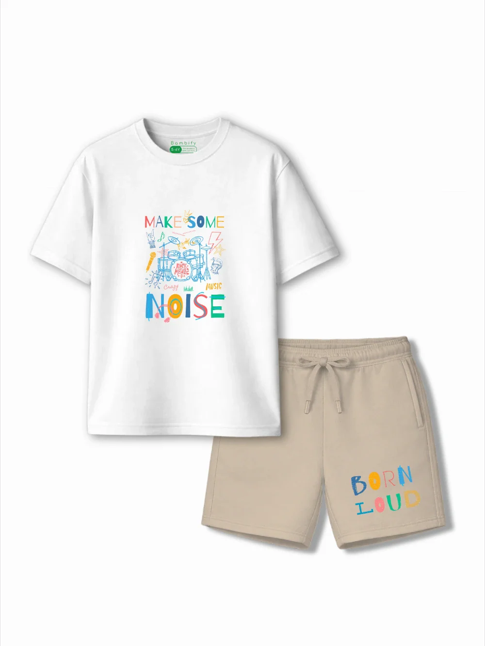 Noise White & Beige Drop Shoulder Shorts Set Size 3-4 Years Bamboo Cotton ‚ Bambify India