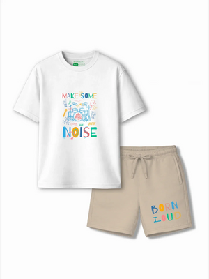 Noise White & Beige Drop Shoulder Shorts Set Size 3-4 Years Bamboo Cotton ‚ Bambify India